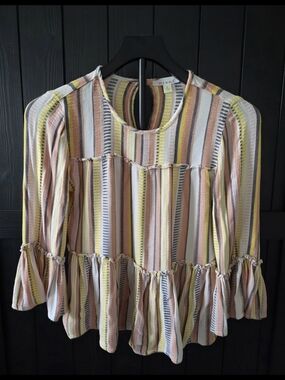 miami Pastel Striped Ruffle-Hem Tunic - Yellow, Pink, Blue